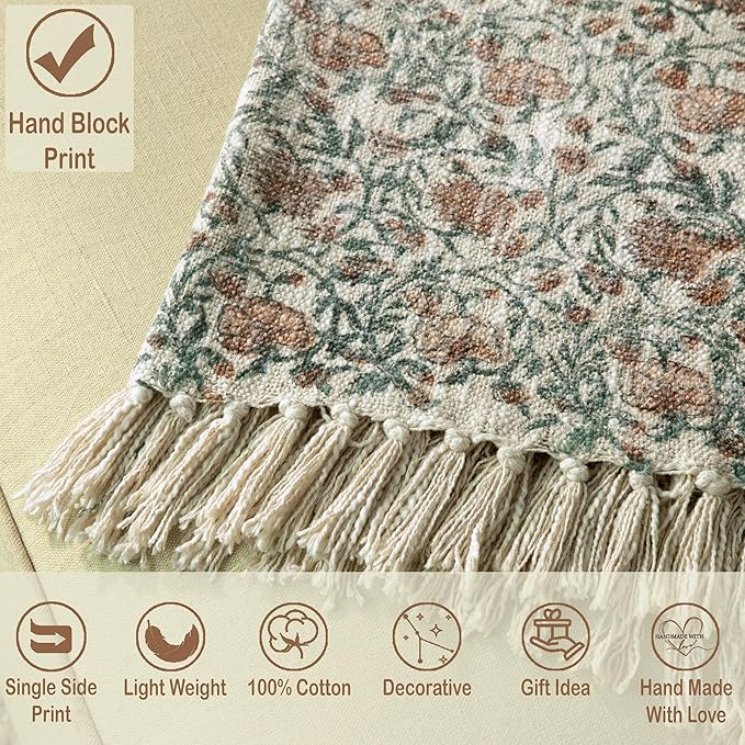 100% Pure Cotton Handblock Printed Throw Blanket, Soft 50" x 60" Fringed Floral - Image 2