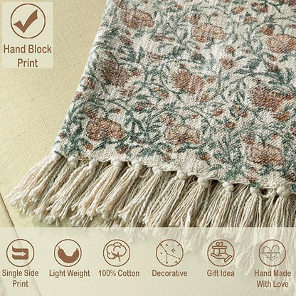 100% Pure Cotton Handblock Printed Throw Blanket, Soft 50" x 60" Fringed Floral - Image 2