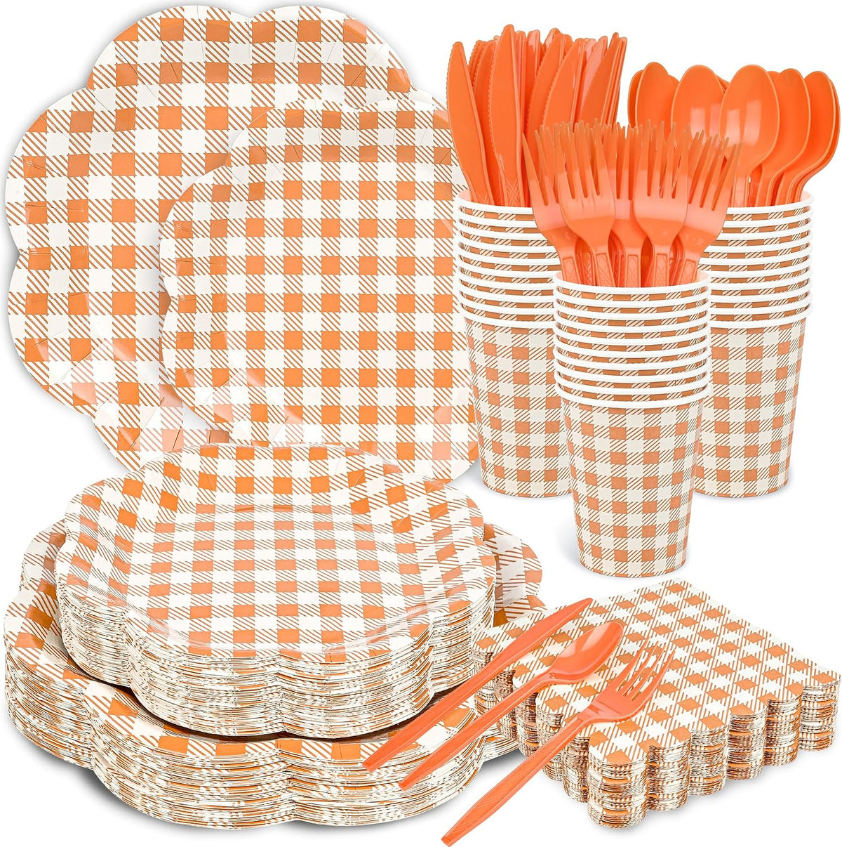 400 Pcs Orange Gingham Party Supplies for 50 Guests Orange and White Scalloped Paper Plates Napkin Cup & Cutlery Disposable Checkered Dinner Party Set for Thanksgiving, Halloween, Fall Wedding