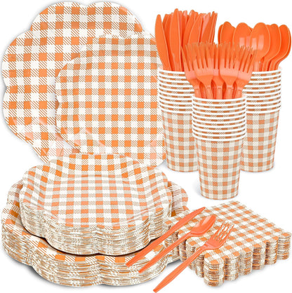 400 Pcs Orange Gingham Party Supplies for 50 Guests Orange and White Scalloped Paper Plates Napkin Cup & Cutlery Disposable Checkered Dinner Party Set for Thanksgiving, Halloween, Fall Wedding