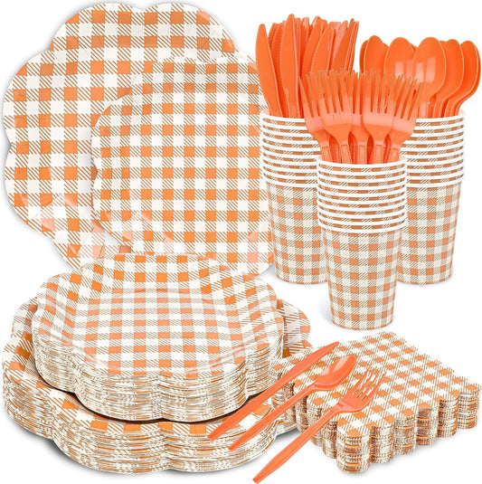 400 Pcs Orange Gingham Party Supplies for 50 Guests Orange and White Scalloped Paper Plates Napkin Cup & Cutlery Disposable Checkered Dinner Party Set for Thanksgiving, Halloween, Fall Wedding