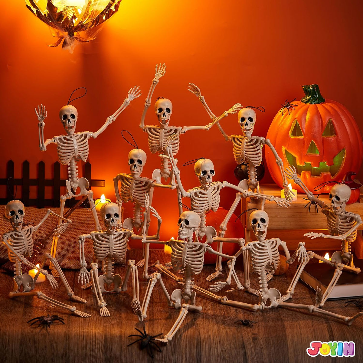 JOYIN 10 PCS 16" Halloween Skeleton Decor, Full Body Stayable Movable Joints, Posable Hanging Skeletons for Halloween Decoration, Yard, Graveyard, Haunted House Props, Spooky Scene Party Favor