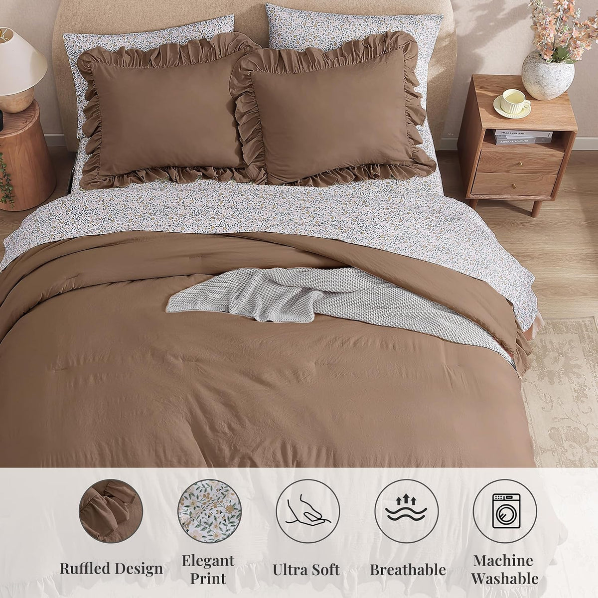 bloomhaven queen comforter set-7 pieces ruffle bedding with, front angle view
