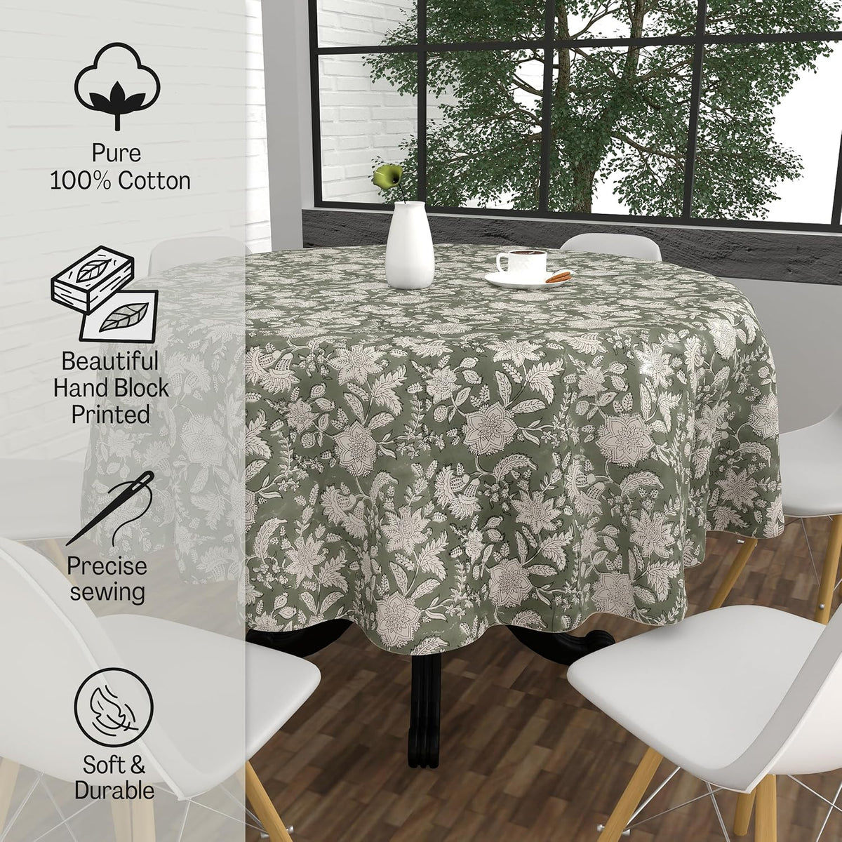 FYNITE Forest Frost Tablecloth | 72" Inches Round | 100% Cotton | Hand Block Print | Washable | Farmhouse & Fall Decor | Table Cover for Halloween | Thanksgiving | Christmas | Wedding | Parties
