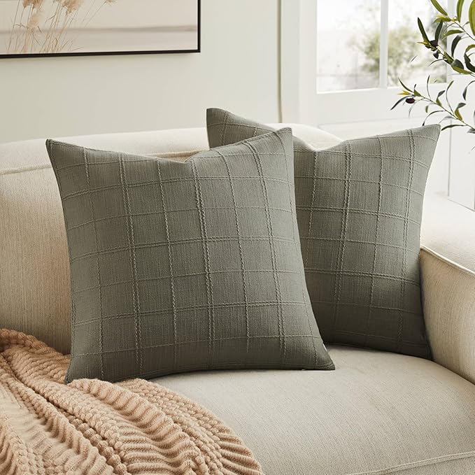 ZeeMart Linen Checked Throw Pillow Covers Set of 2, 20x20 Inch Olive/Cream by ZEEMARTONLINE