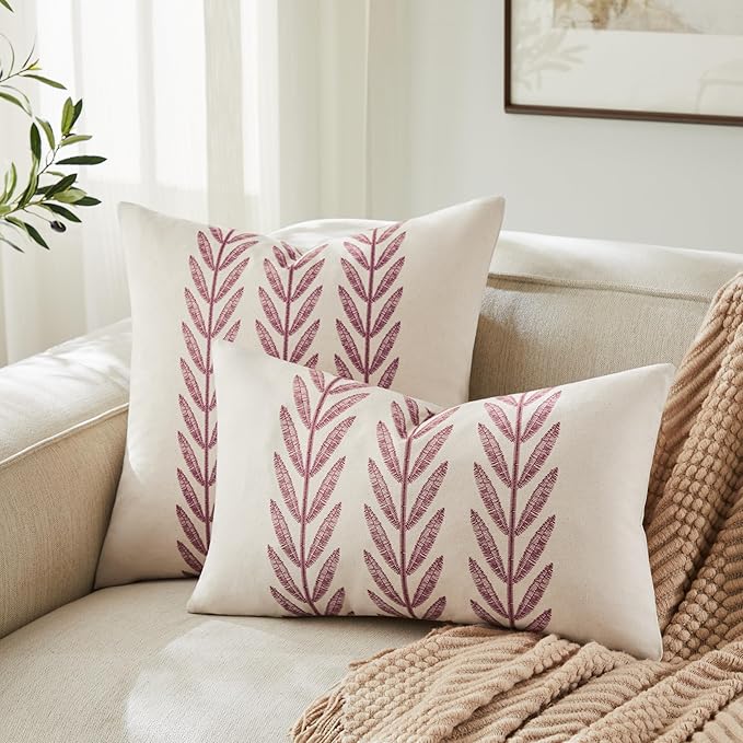 100% Cotton Farmhouse Leaves Throw Pillow Covers Set of 2, 20x20 Inch Burgundy - Image 4