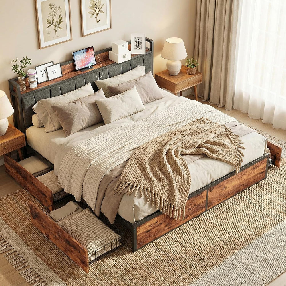 LIKIMIO King Size Bed Frame with 4 Storage Drawers and Charged Headboard