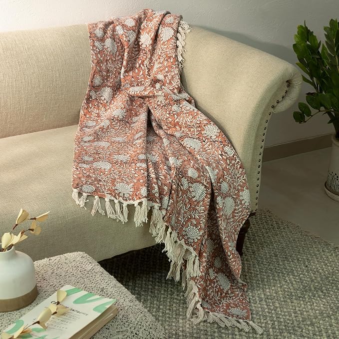 100% Pure Cotton Handblock Printed Throw Blanket, Soft 50" x 60" Fringed Floral by Unknown