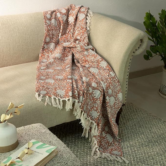 100% Pure Cotton Handblock Printed Throw Blanket, Soft 50" x 60" Fringed Floral by Unknown