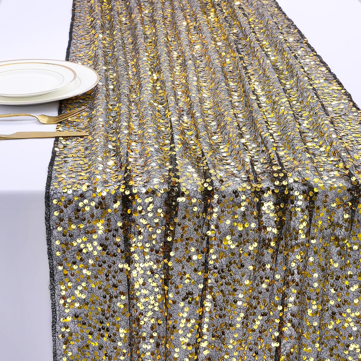 Black Gold Sequin Table Runner Rectangular Glitter Halloween Party Reusable