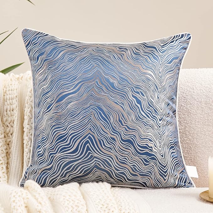 Avigers 18 x 18 Inch Square Navy Blue Silver Gold Abstract Striped Embroidery by Avigers