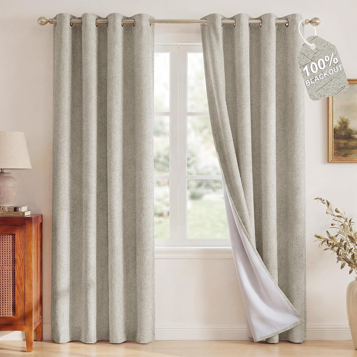 nicetown beige linen blackout curtains 84 inches long shown in use