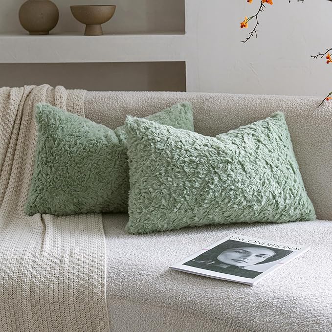 Neelvin Set of 2 Faux Fur Throw Pillow Covers 12x20 Inch Sage Green Cozy Soft by Neelvin