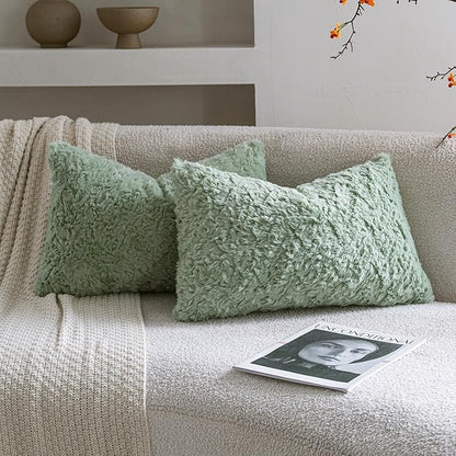Neelvin Set of 2 Faux Fur Throw Pillow Covers 12x20 Inch Sage Green Cozy Soft by Neelvin