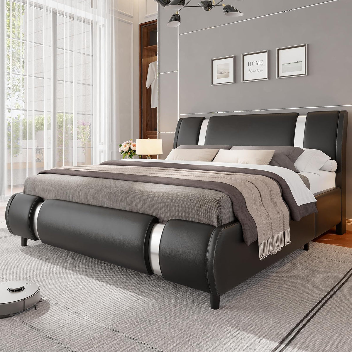keyluv modern queen size bed frame with mirror, main product view