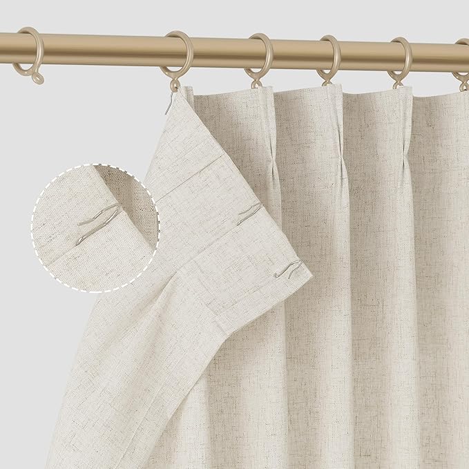 Cream Beige Pinch Pleat Linen Curtains 90 Inch Length 2 Panels Set - Image 3