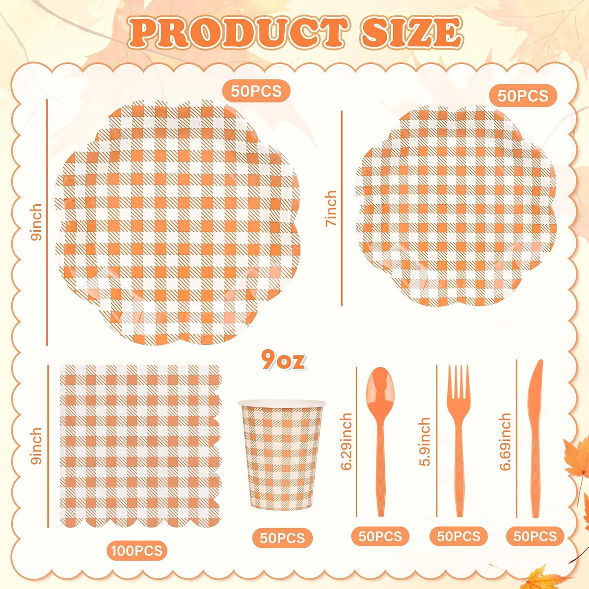400 Pcs Orange Gingham Party Supplies for 50 Guests Orange and White Scalloped Paper Plates Napkin Cup & Cutlery Disposable Checkered Dinner Party Set for Thanksgiving, Halloween, Fall Wedding