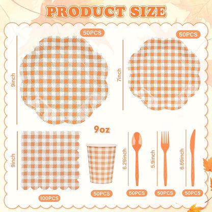 400 Pcs Orange Gingham Party Supplies for 50 Guests Orange and White Scalloped Paper Plates Napkin Cup & Cutlery Disposable Checkered Dinner Party Set for Thanksgiving, Halloween, Fall Wedding