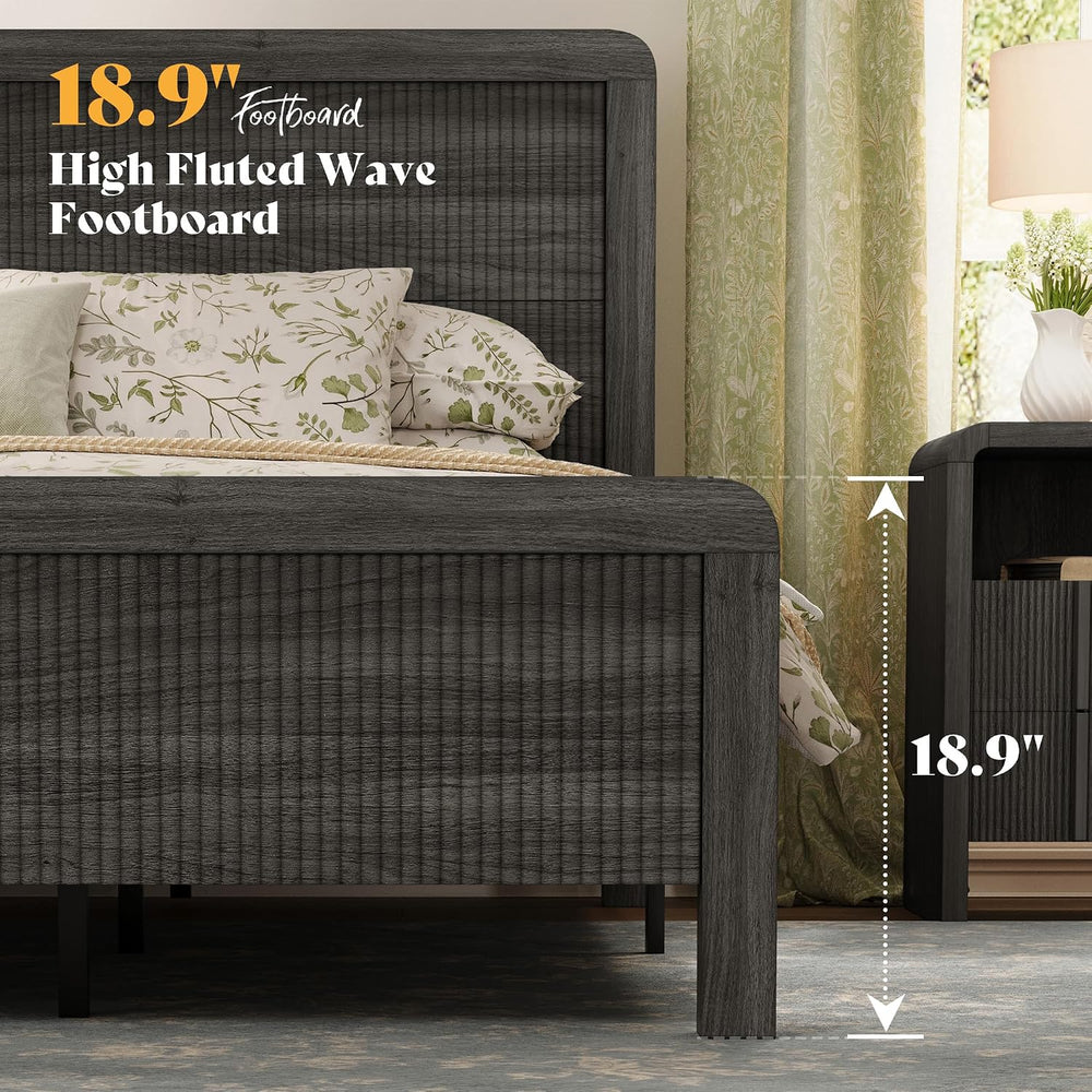 AMERLIFE Wood King Size Bed Frame with Fluted Headboard & Footboard, Black
