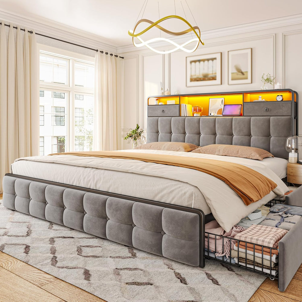EnHomee King Bed Frame with 6 Drawers and Velvet Storage Headboard,Grey