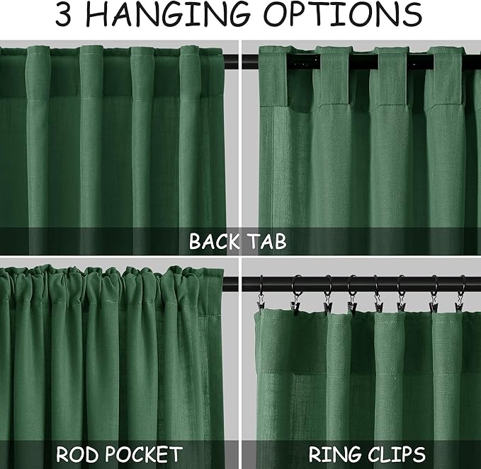Green Semi Sheer Curtains 108 Inches Long 2 Panels Set Back Tab Loop Pocket - Image 3