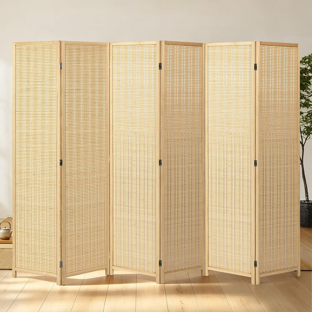 6 Panel Bamboo Room Divider, Folding Privacy Screen, Natural