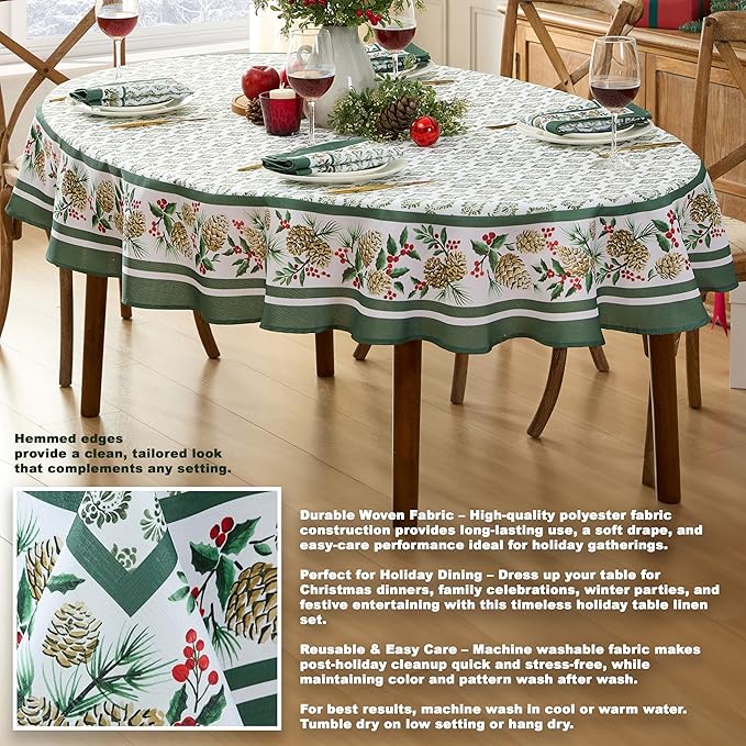 Newbridge Christmas Holly Pinecone Border 60 x 84 Inch Oval Fabric Tablecloth - Image 4