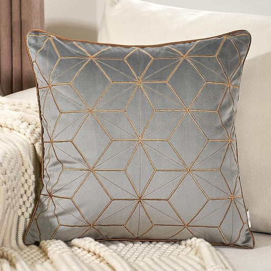 Aeckself Grey Gold Plaid Geometric Throw Pillow Cover 20x20 Inch, Soft Velvet by AECKSELF