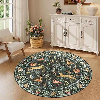 DUKINO 4ft Round Rug, Washable Round Area Rug, Non Slip Indoor Low Pile Animal - Image 2