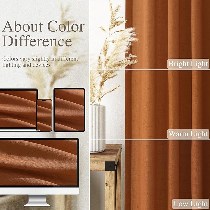 Desert Orange Semi Sheer Curtains 120 Inches Set Back Tab Loop Pocket Linen - Image 3