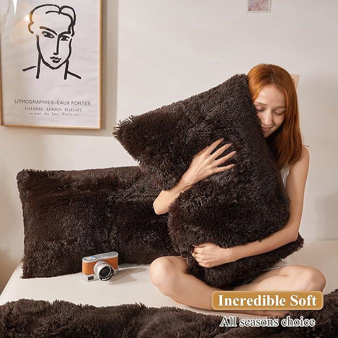 XeGe Faux Fur Brown Pillow Cases, Plush Shaggy Ultra Soft Fluffy Velvet - Image 5