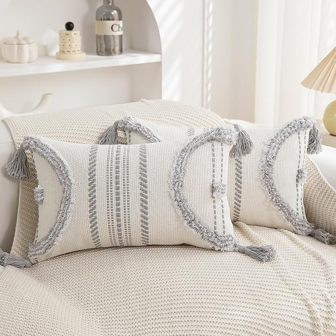 Boho Throw Pillow Covers 12x20 Set of 4 Cotton Woven Tufted Farmhouse Lumbar by PLEPATE