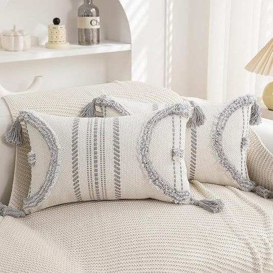 Boho Throw Pillow Covers 12x20 Set of 4 Cotton Woven Tufted Farmhouse Lumbar by PLEPATE