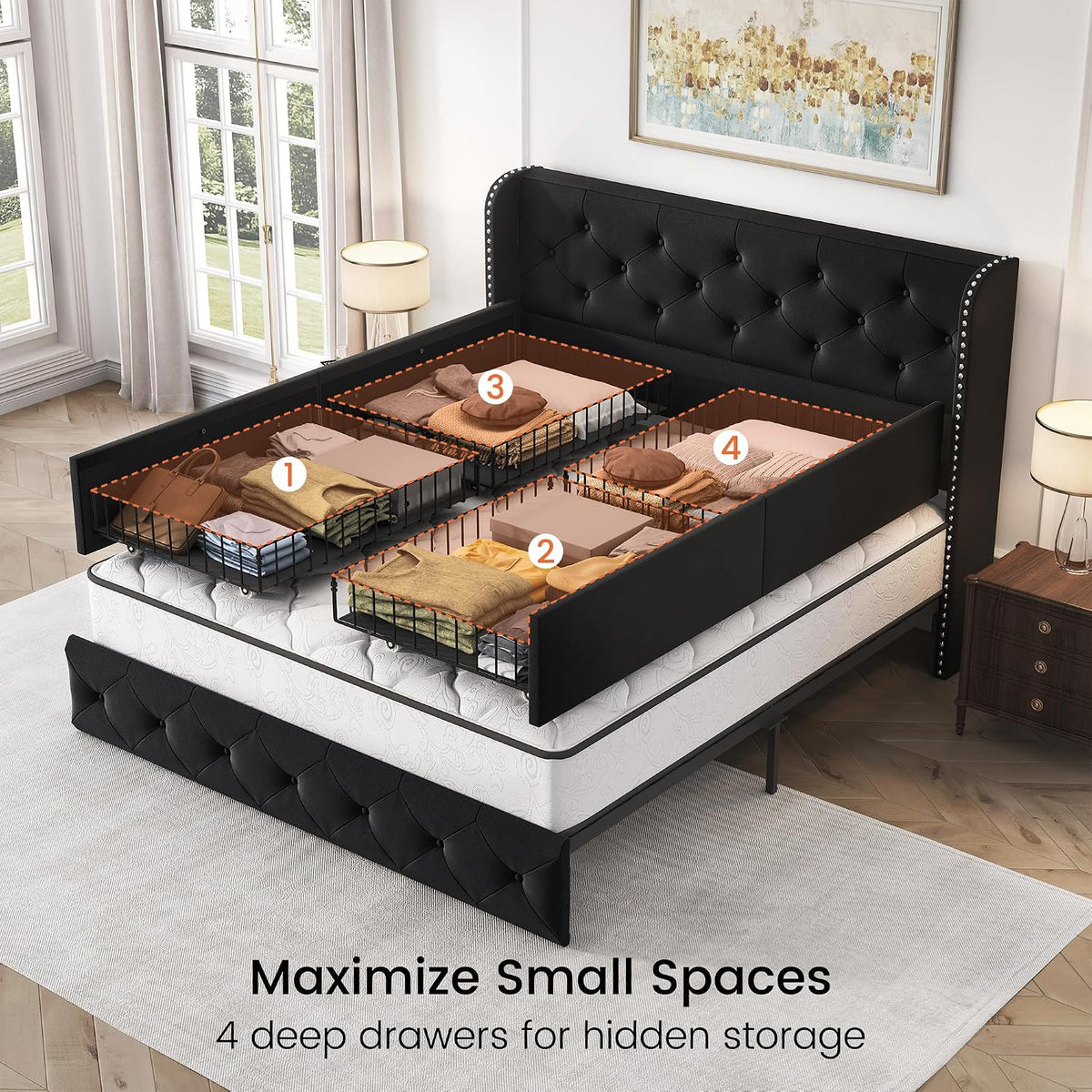 larmace full size bed frame with 4 storage, close-up detail