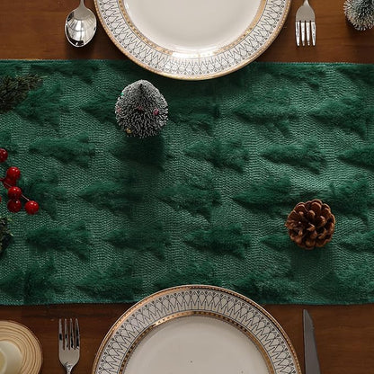 Christmas Tbale Runner 13x36 Inch Soft Plush Faux Fur Jacquard Green Big Small - Image 3