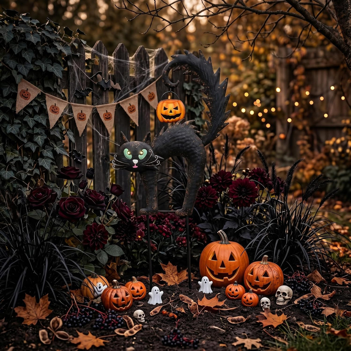 TERESA'S COLLECTIONS Outdoor Halloween Decor Black Cat Solar Garden Stake