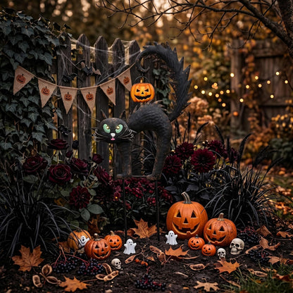 TERESA'S COLLECTIONS Outdoor Halloween Decor Black Cat Solar Garden Stake
