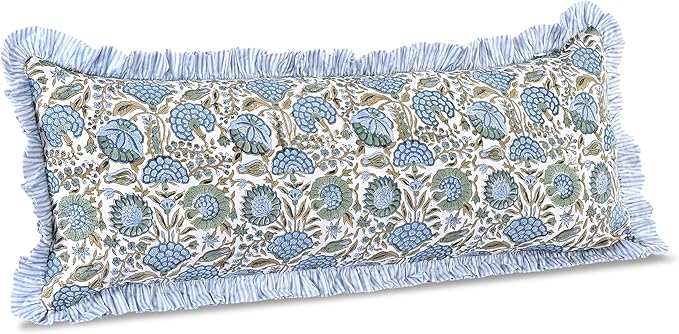 Ridhi Asparagus Green 100% Cotton Block Print Ruffle Lumbar Sham Cover Handmade - Image 7