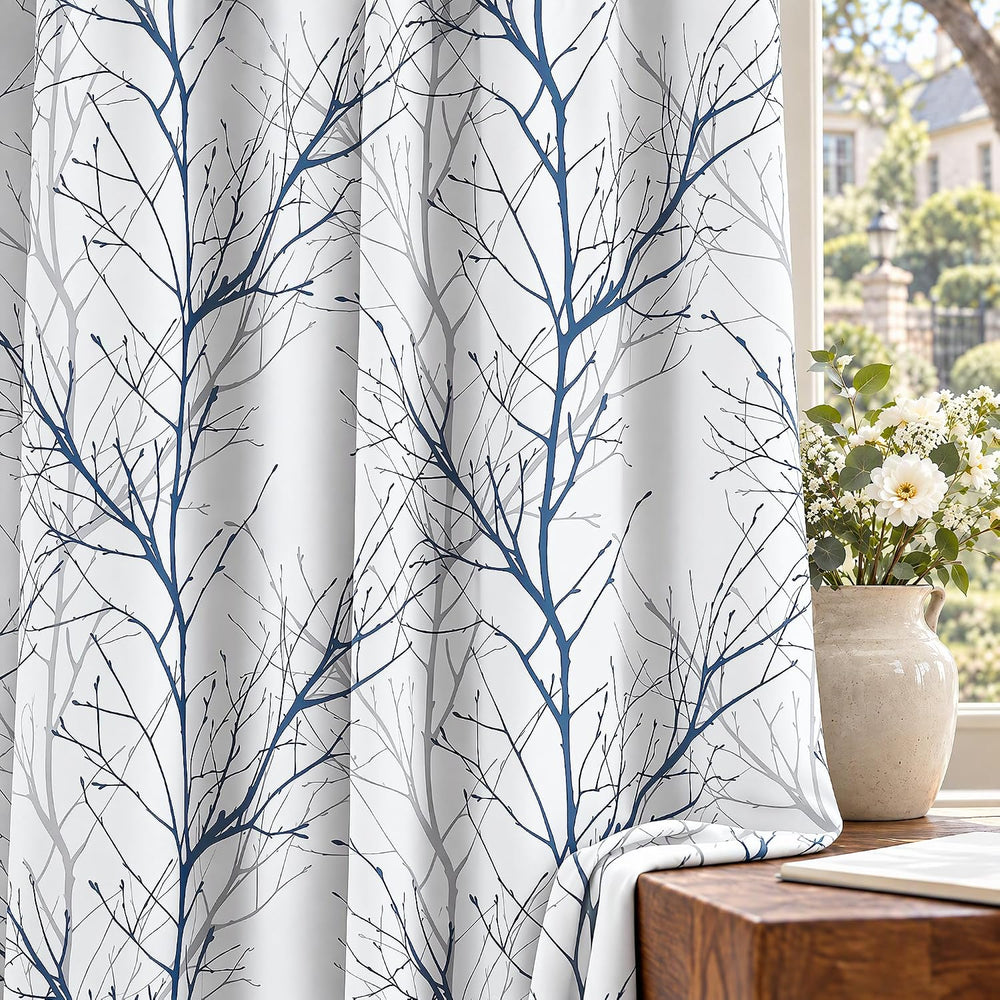 FMFUNCTEX 100% Blackout Blue Grey Tree Branch Curtains 63 Inch 2 Panels