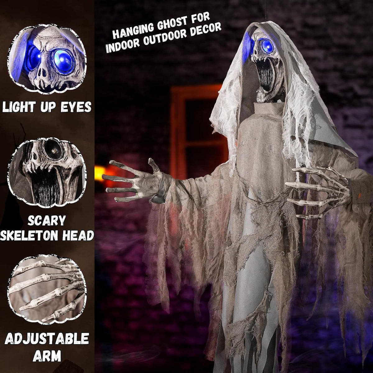Halloween Animatronics Decorations Scary Hanging Ghost, 59'' Animated Halloween Skeleton Decor Motion Activated with Creepy Sound, Light Up Eyes, Party Decorations for Haunted House Indoor Outdoor