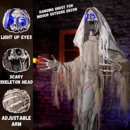 Halloween Animatronics Decorations Scary Hanging Ghost, 59'' Animated Halloween Skeleton Decor Motion Activated with Creepy Sound, Light Up Eyes, Party Decorations for Haunted House Indoor Outdoor