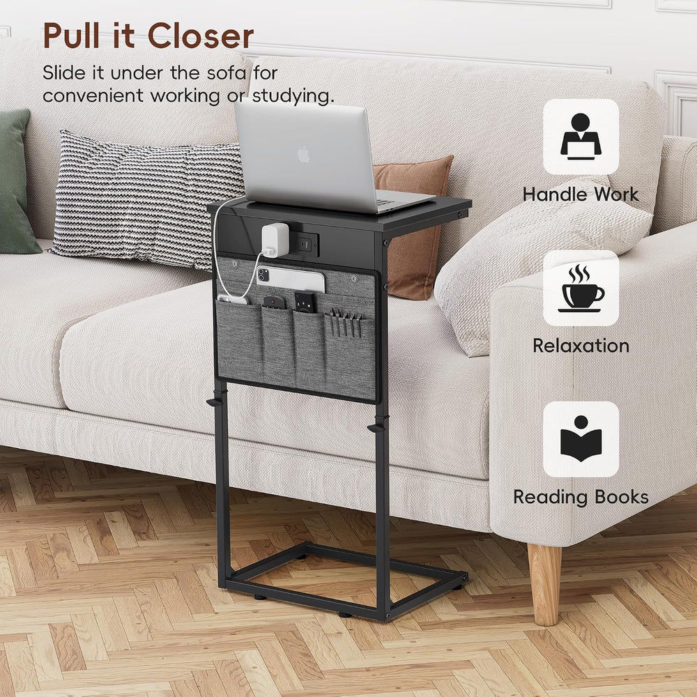 Vagusicc C Shaped End Table with Charging Station, Tall C Table End Table Adj...