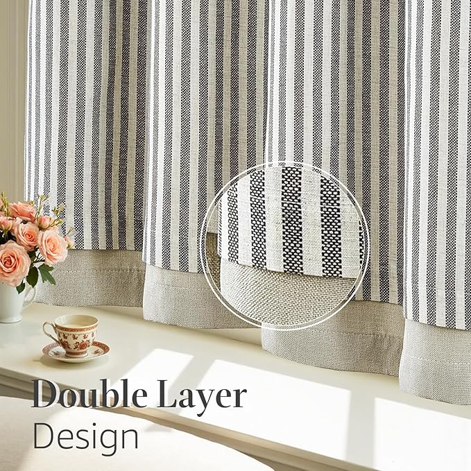 jinchan Double Layer Striped Linen Kitchen Tier Curtain Rustic Cafe - Image 8