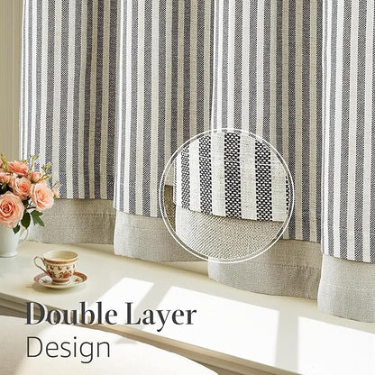 jinchan Double Layer Striped Linen Kitchen Tier Curtain Rustic Cafe - Image 8