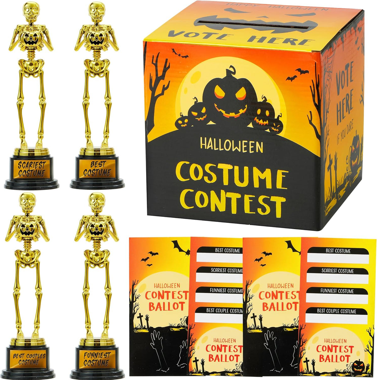 JOYIN Halloween Costume Contest Ballot Card Box, 4 PCS Trophy Awards Best Costume Skeleton, 50 PCS Voting Cards, Halloween Party Favor Supplies for Trick or Treating, Students Classroom Prize