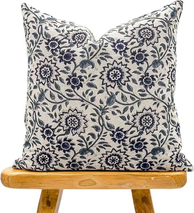 Designer Floral Print on Natural Linen Pillow Cover, Boho Pillow Cover by Krinto