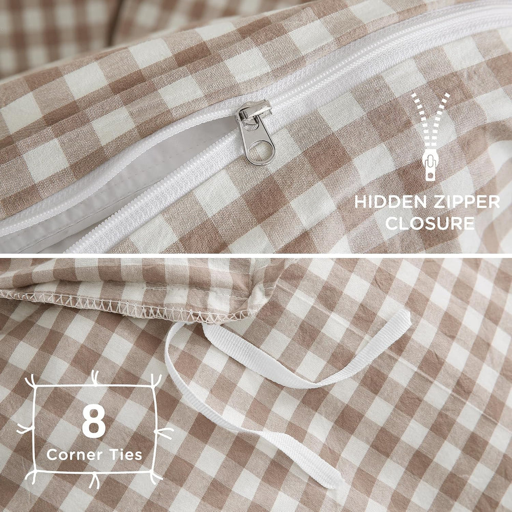 TOCOMOA Tan Gingham Duvet Cover Bedding Set Washed Cotton Like Linen, King