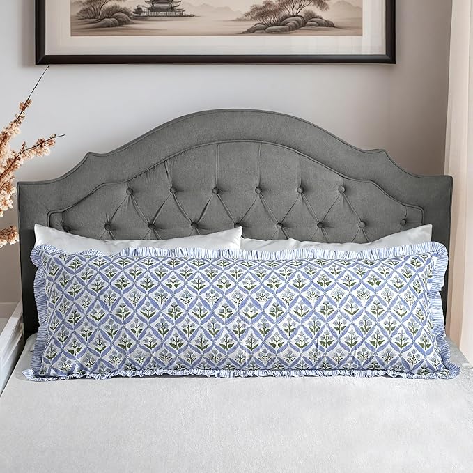 Ridhi Light Steel Blue 100% Cotton Block Print Ruffle Lumbar Sham Cover - Image 9