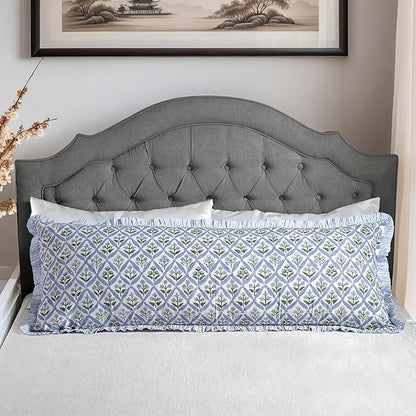 Ridhi Light Steel Blue 100% Cotton Block Print Ruffle Lumbar Sham Cover - Image 9
