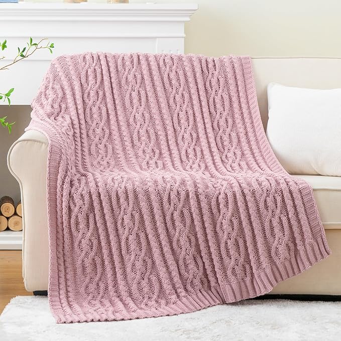 Battilo Pink Throw Blanket for Couch, Cable Knit Blanket, Soft Chenille Throw - Image 3